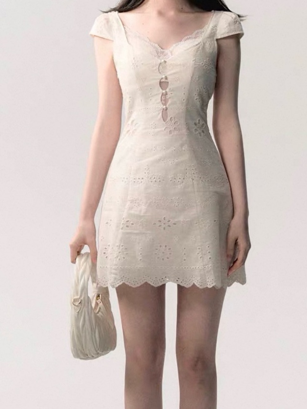 Ivory Eyelet Lace Mini Dress Coquette Cottagecore size M runs small